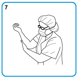 Steps 5-7. Ensure that the whole skin area is covered by using circular movements around the forearm until the hand rub has fully evaporated (10-15 seconds).