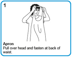 Pull apron over head and fasten at back of waist