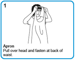 Apron - Pull over head and fasten at back of waist.