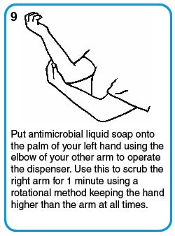 Put antimicrobial liquid soap onto the palm of your left hand using the elbow of your other arm to operate the dispenser.  Use this to scrub the right arm for 1 minute using a rotational method keeping the hand higher than the arm at all times.